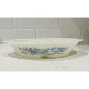 Glasbake Currier and Ives Horse & Sleigh white blue Divided Dish 12" USA J-2352
